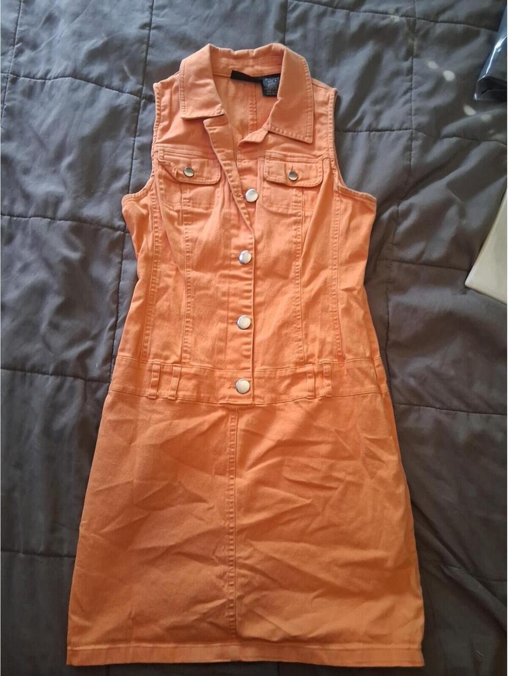 Metrostyle Orange Denim Dress Mini Skirt Pockets Collared Sheath Belt Loops A2
